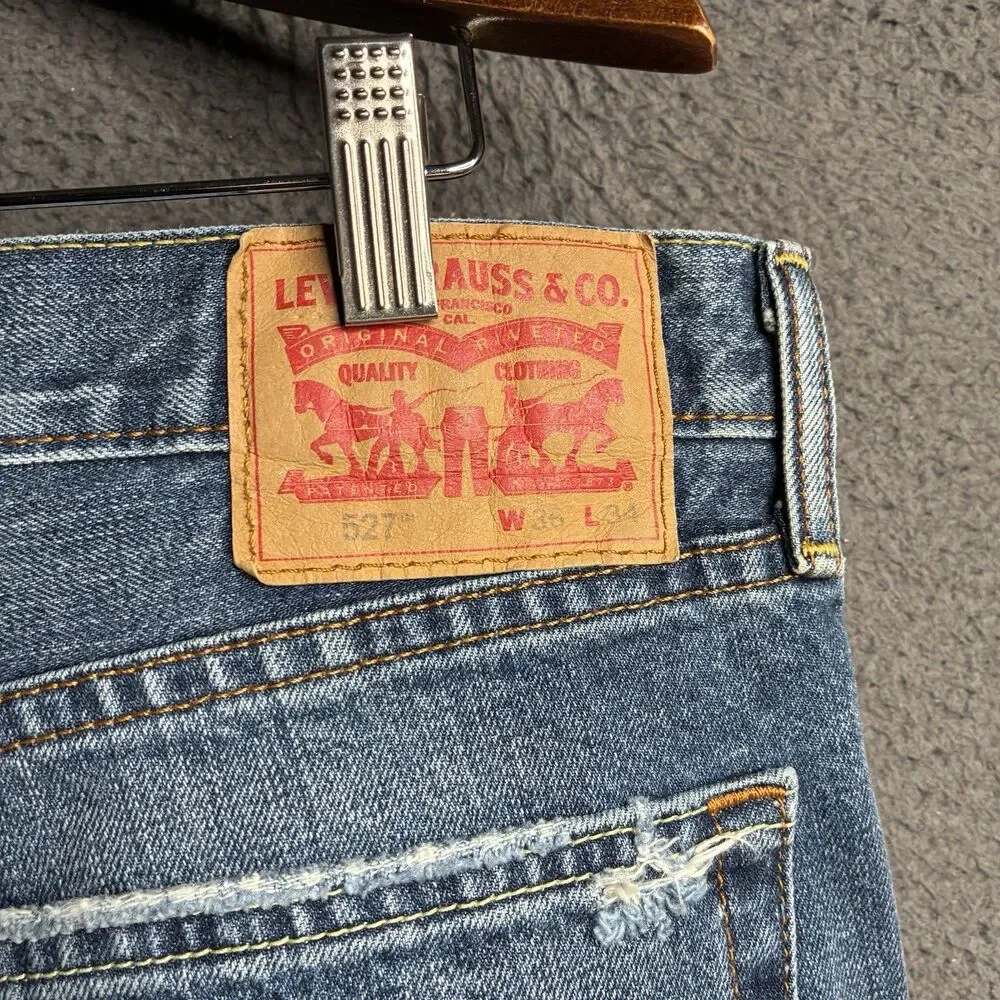 Levis Jeans Mens 36x34 Blue Denim 527 Low Boot Cut Medium Wash Flare Thrashed